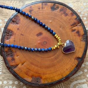 New Elegant Lapis Lazuli & Gold Plated Bead Necklace With Amethyst Heart Charm